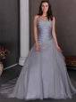 Beautiful Grey Wedding Dress A-line Sweetheart Court Train Taffeta and Tulle Appliques