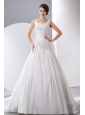Elegant A-line Scoop Wedding Dress Taffeta Appliques Chapel Train