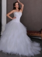 Elegant A-line Strapless Appliques Ball Gown Wedding Dress Chapel Train Satin and Tulle
