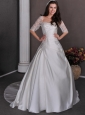 Gorgeous Wedding Dress A-line Square Appliques and Beading Chapel Train Satin