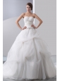 Popular A-line Strapless Appliques With Beading Ball Gown Wedding Dress Chapel Train Taffeta and Organza