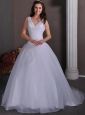 Simple A-line V-neck  Ruch and Beading Wedding Dress Court Train Taffeta and Tulle