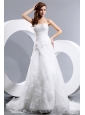 Elegant A-line Strapless Low Cost Wedding Dress Court Train Taffeta and Organza Ruch and Hand Made Flower