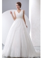 Gergeous A-line V-neck Wedding Dress Court Train Taffeta and Organza Ruch and Beading
