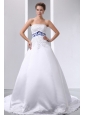 Graceful A-line Strapless Appliques Wedding Dress Brush Train Satin and Lace