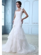 Modest A-line One Shoulder Ruch and Hand Made Flowers Wedding Dress Court Train Organza