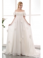 Simple Empire Off The Shoulder Maternity Wedding Dress Chiffon Lace and Hand Made Flowers Chapel Train