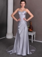 Silver A-line Sweetheart Low Cost Wedding Dress Court Train Elastic Wove Satin Beading and Ruch