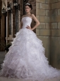 Custom Made A-line Strapless Wedding Dress Brush Train Taffeta and Organza Appliques and Ruffles