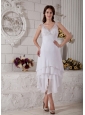 Custom Made Column V-neck Beach Wedding Dress Tea-length Chiffon Embroidery