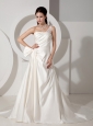 Informal A-line Wedding Dress One Shoulder Appliques and Ruch Court Train Satin