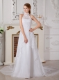 Lovely A-line High-neck Muslim Wedding Dress Court Train Lace and Chiffon Bowknot