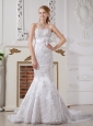 Luxurious Mermaid Strapless Lace Wedding Dress Court Train Sash