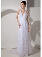 Beautiful Column Halter Wedding Dress Court Train Lace Ruch