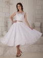 Customize A-line / Princess Scoop Short Wedding Dress Tea-length Lace Belt