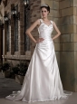 Graceful Wedding Dress A-line Straps Ruch and Appliques Chapel Train Taffeta