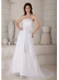 Lovely Column Strapless Hand Made Flowers and Embroidery Wedding Dress Court Train Organza