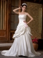 Low Cost A-line Strapless Wedding Dress Chapel Train Satin Ruch Hand Made Flowers