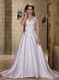 Luxurious A-line V-neck Wedding Dress Chapel Train Taffeta Beading