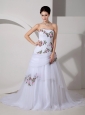 Pretty A-line Strapless Wedding Dress Court Train Tulle Appliques and Ruch