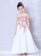 Beautiful White A-line Straps Embroidery Flower Girl Dress  Ankle-length Satin