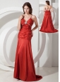 Custom Made Red Column / Sheath Straps Ruched Evening Dress Brush / Sweep Taffeta