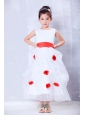 Custom Made White and Red A-line Scoop Hand Made Flowers Flower Girl Dress Ankle-length Organza and Taffeta