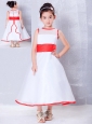 Customize White and Red A-line Scoop Flower Girl Dress Ankle-length Organza