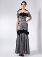 Fashionable Grey Column Mother Of The Bride Dress Strapless Hand Made Flowers Ankle-length Taffeta
