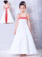 Lovely White and Red A-line Straps Embroidery Flower Girl Dress Ankle-length Satin