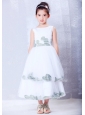 Popular White A-line Scoop Hand Made Flowers Flower Girl Dress Tea-length Tulle and Taffeta