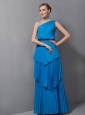 Simple Blue Column Mother Of The Bride Dress One Shoulder Pleat Floor-length Chiffon