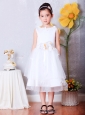 Sweet White A-line Scoop Hand Made Flowers Flower Girl DressTea-length Organza
