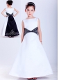 Beautiful White and Black A-line Scoop Embroidery Flower Girl Dress Ankle-length Satin