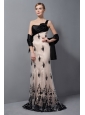 Customize Champagne and Black Column One Shoulder Brush Train Tulle Lace and Hand Made Flower Prom Dress