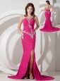 Customize Hot Pink Mermaid / Trumpet Square Appliques Prom Dress Brush / Sweep Chiffon