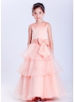 Customize Watermelon Red A-line Scoop Bow Flower Girl Dress Ankle-length Taffeta and Organza