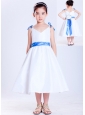 Customize White and Blue A-line V-neck Bows Flower Girl Dress Tea-length Taffeta