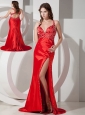 Discount Red Column / Sheath Straps Beading Prom Dress Brush/Sweep Elastic Woven Satin