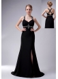 Exquisite Black A-line Straps Mother Of The Bride Dress Brush Train Chiffon Beading