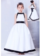 Luxurious White and Black A-line Square Bow Flower Girl Dress Ankle-length Taffeta