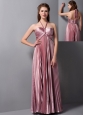 Modest Pink Column Halter Pleat Prom Dress Floor-length Elastic Woven Satin