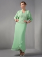 Popular Apple Green Column Mother Of The Bride Dress Strapless Appliques Ankle-length Chiffon