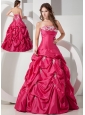Popular Hot Pink A-line Strapless Appliques Prom Dress Floor-length Taffeta