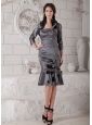 Pretty Grey Mother of the Bride Dress Column Strapless Hand Made Flowers and Ruch Knee-length Taffeta