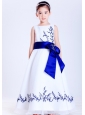 Pretty White and Blue A-line Scoop Embroidery Flower Girl Dress Ankle-length Satin and Organza