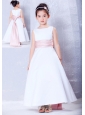 Simple White and Pink A-line Scoop Sash Flower Girl Dress Ankle-length Taffeta