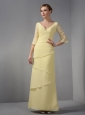 Simple Yellow Mother Of The Bride Dress Column V-neck Ruch Ankle-length Chiffon