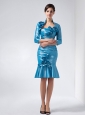 Sweet Baby Blue Column Strapless Knee-length Taffeta Hand Made Flowers Prom Dress