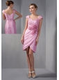 Sweet Rose Pink Column Mother Of The Bride Dress Cap Sleeves Ruch and Hand Made Flowers Knee-length Taffeta